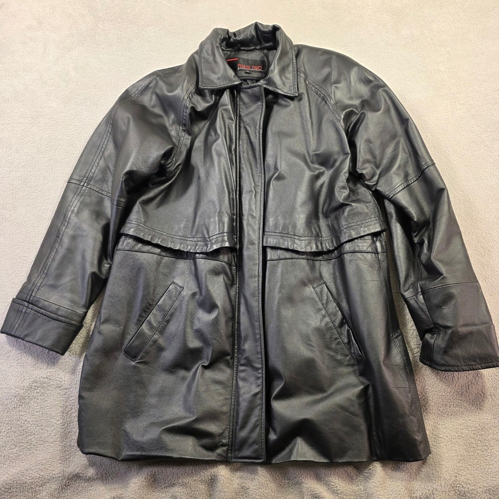 Phase Two Leather Jacket Mens XL Black Car Coat Y2K Streetwear Grunge Dadcore